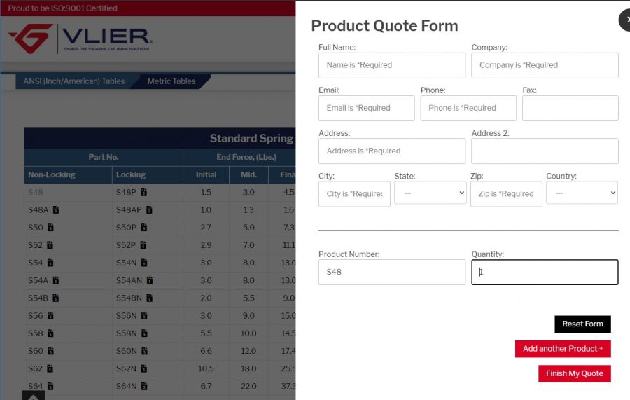 Step 4: Once you click the product number, the Quote form will auto populate with the selected product. Change the quantity, add more products from this page, or fill out the form and submit.